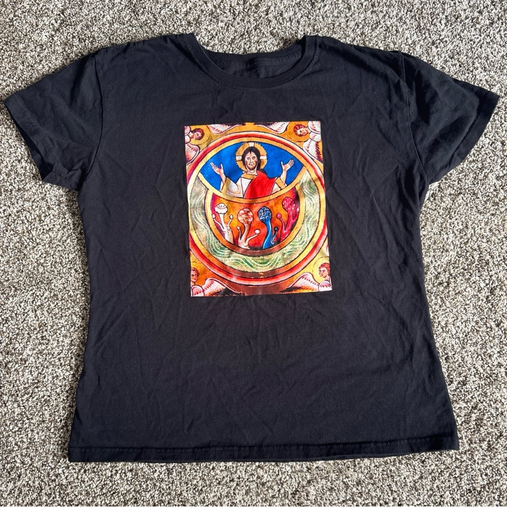 Black Graphic Tee Religious Art Psychedelic Jesus Trippy Spiritual Shirt Small
